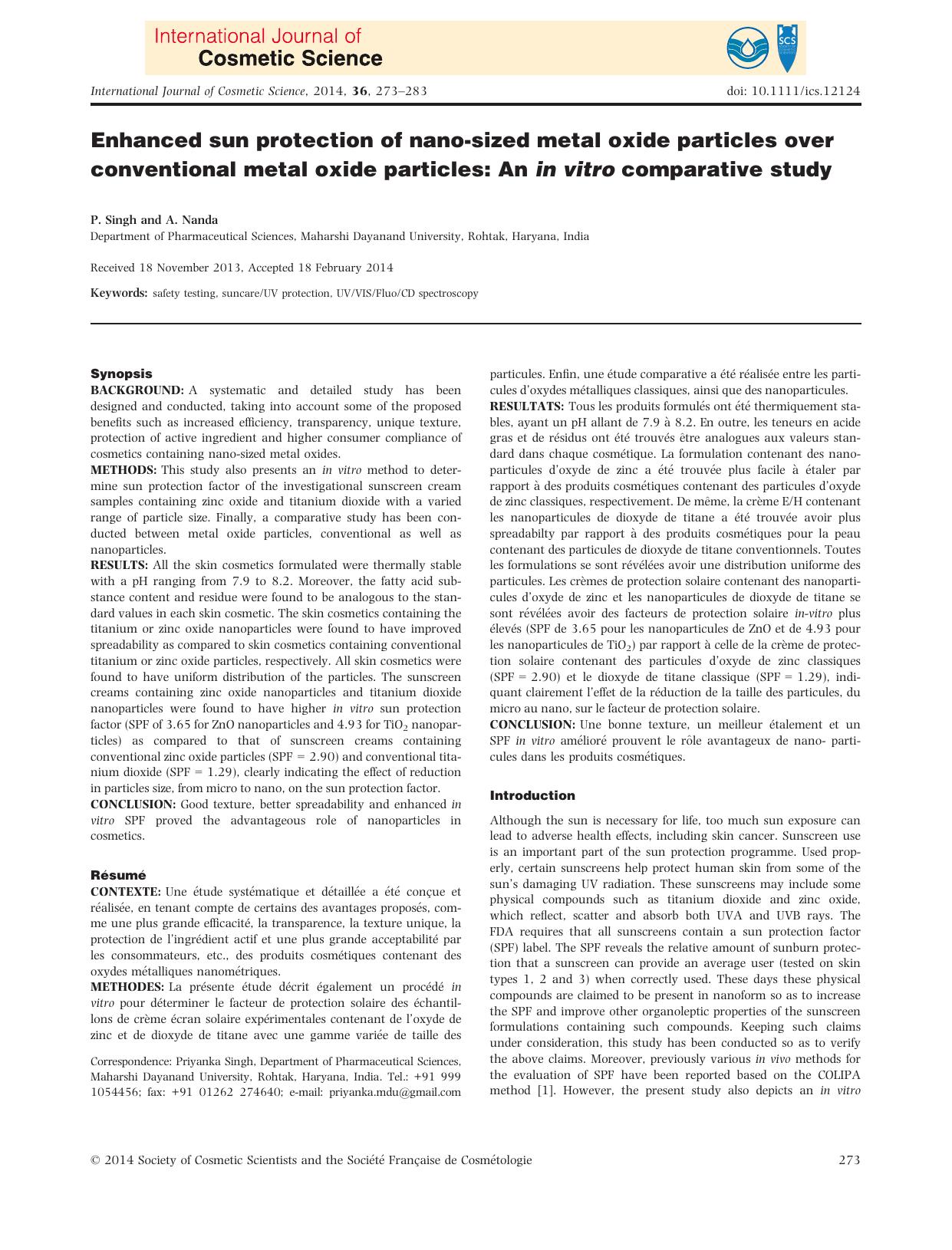 Enhanced sun protection of nanosized metal oxide particles over conventional metal oxide particles: An in vitro comparative study by Unknown