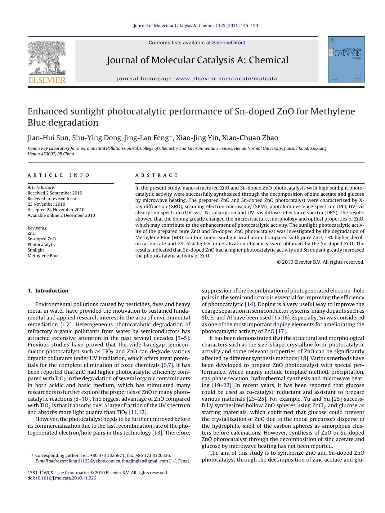 Enhanced sunlight photocatalytic performance of Sn-doped ZnO for Methylene Blue degradation by Jian-Hui Sun
