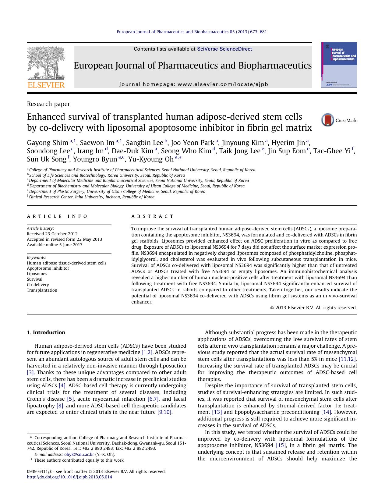 Enhanced survival of transplanted human adipose-derived stem cells by co-delivery with liposomal apoptosome inhibitor in fibrin gel matrix by unknow