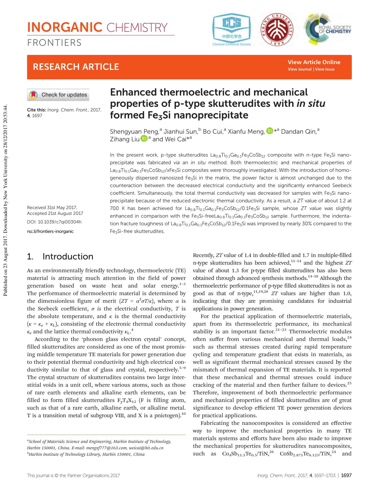 Enhanced thermoelectric and mechanical properties of p-type skutterudites with in situ formed Fe3Si nanoprecipitate by Shengyuan Peng Jianhui Sun Bo Cui Xianfu Meng Dandan Qin Zihang Liu Wei Cai