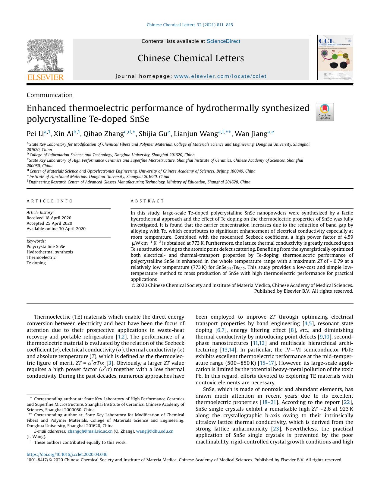 Enhanced thermoelectric performance of hydrothermally synthesized polycrystalline Te-doped SnSe by Pei Li & Xin Ai & Qihao Zhang & Shijia Gu & Lianjun Wang & Wan Jiang