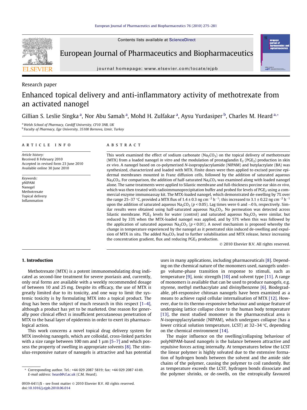 Enhanced topical delivery and anti-inflammatory activity of methotrexate from an activated nanogel by Gillian S. Leslie Singka & Nor Abu Samah & Mohd H. Zulfakar & Aysu Yurdasiper & Charles M. Heard