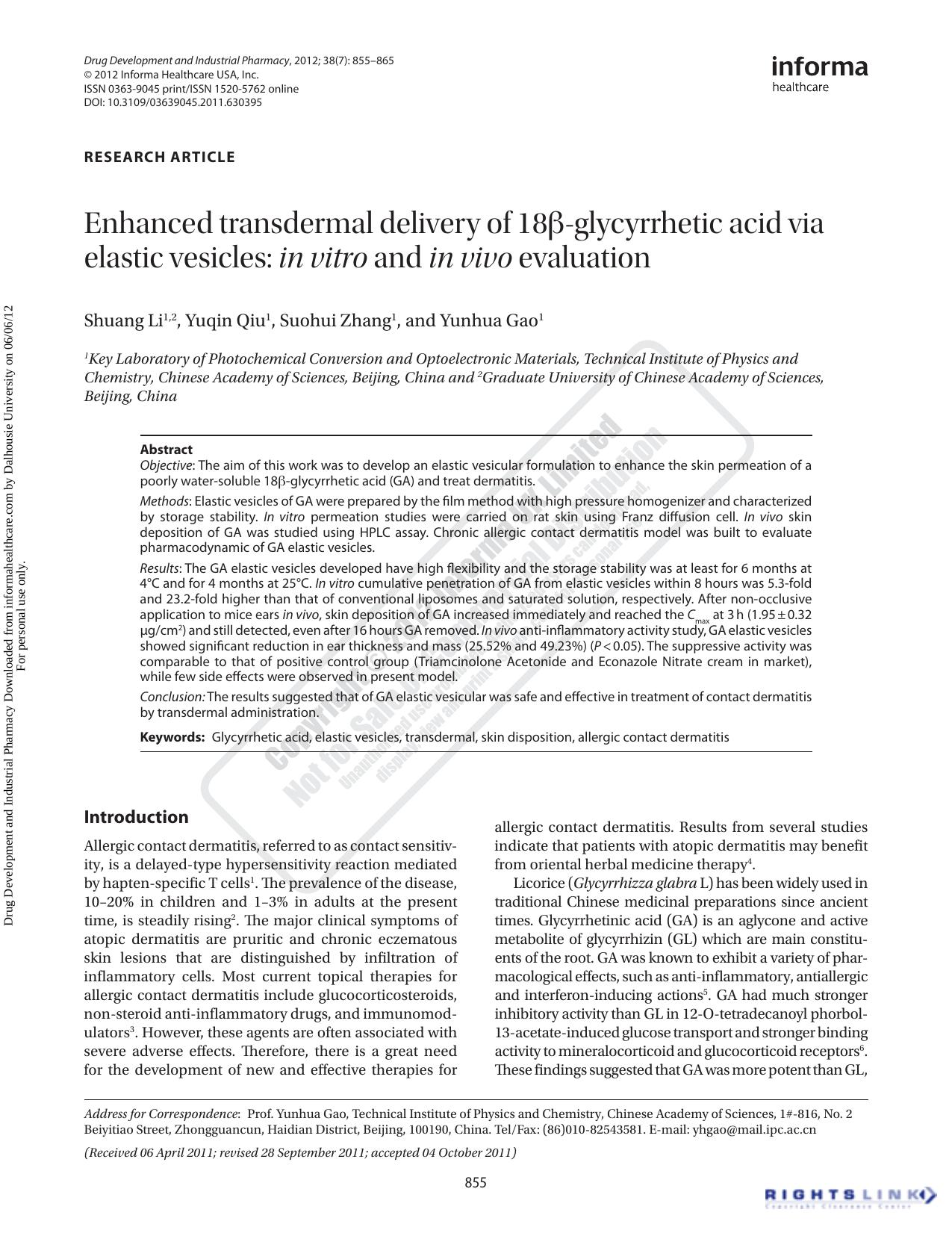 Enhanced transdermal delivery of 18Î²-glycyrrhetic acid via elastic vesicles: in vitro and in vivo evaluation by Shuang Li Yuqin Qiu Suohui Zhang & Yunhua Gao
