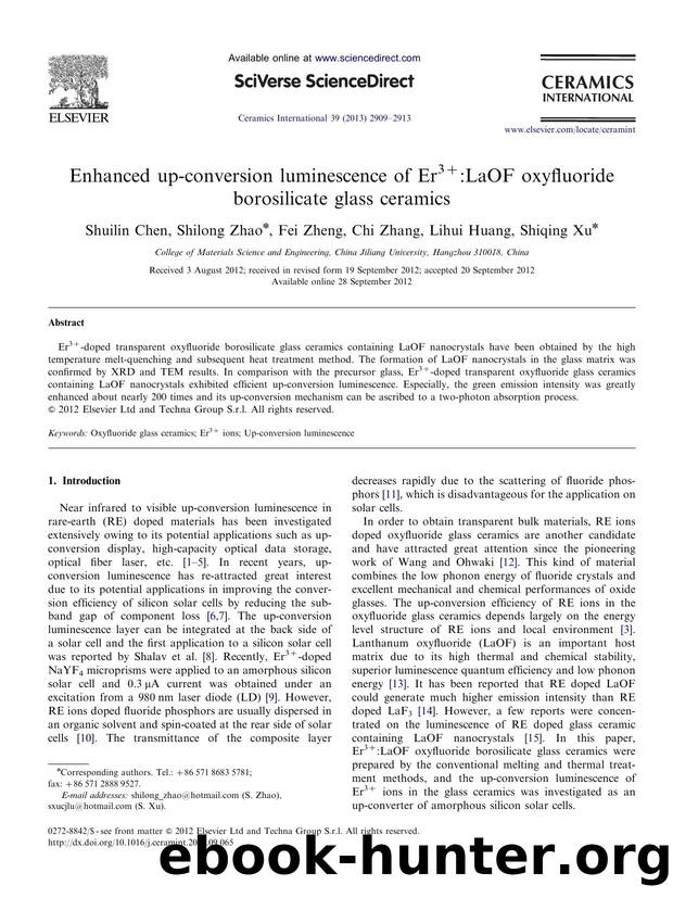 Enhanced up-conversion luminescence of Er3+LaOF oxyfluoride borosilicate glass ceramics by Shuilin Chen & Shilong Zhao & Fei Zheng & Chi Zhang & Lihui Huang & Shiqing Xu
