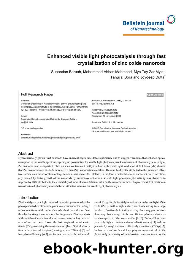 Enhanced visible light photocatalysis through fast crystallization of zinc oxide nanorods by Sunandan Baruah Mohammad Abbas Mahmood Myo Tay Zar Myint Tanujjal Bora Joydeep Dutta