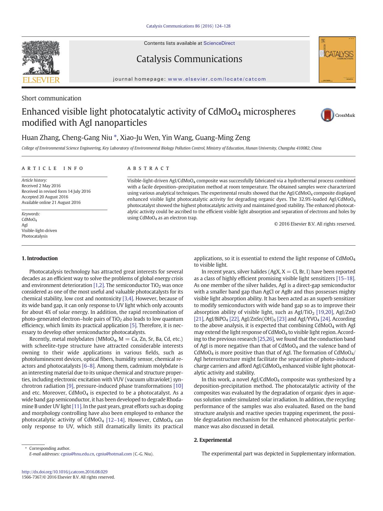 Enhanced visible light photocatalytic activity of CdMoO4 microspheres modified with AgI nanoparticles by Huan Zhang & Cheng-Gang Niu & Xiao-Ju Wen & Yin Wang & Guang-Ming Zeng