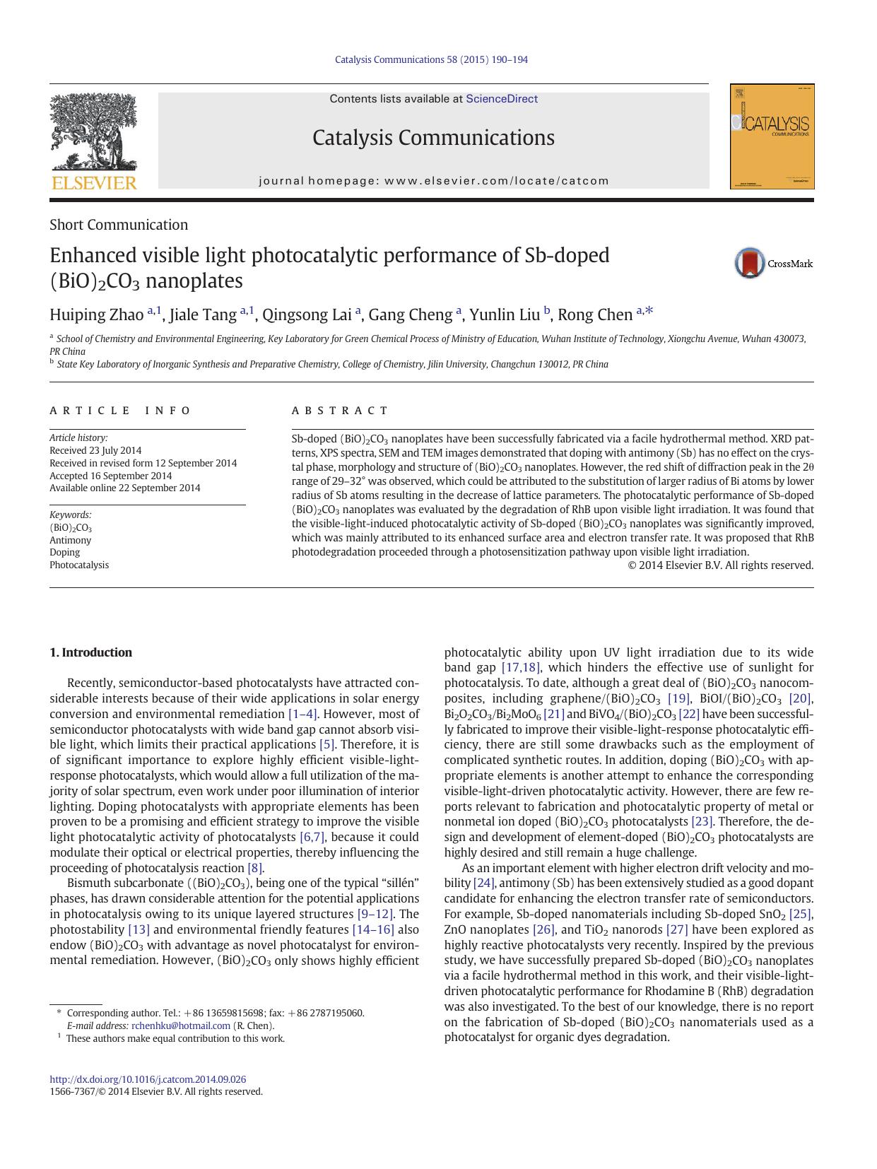 Enhanced visible light photocatalytic performance of Sb-doped (BiO)2CO3 nanoplates by Huiping Zhao & Jiale Tang & Qingsong Lai & Gang Cheng & Yunlin Liu & Rong Chen