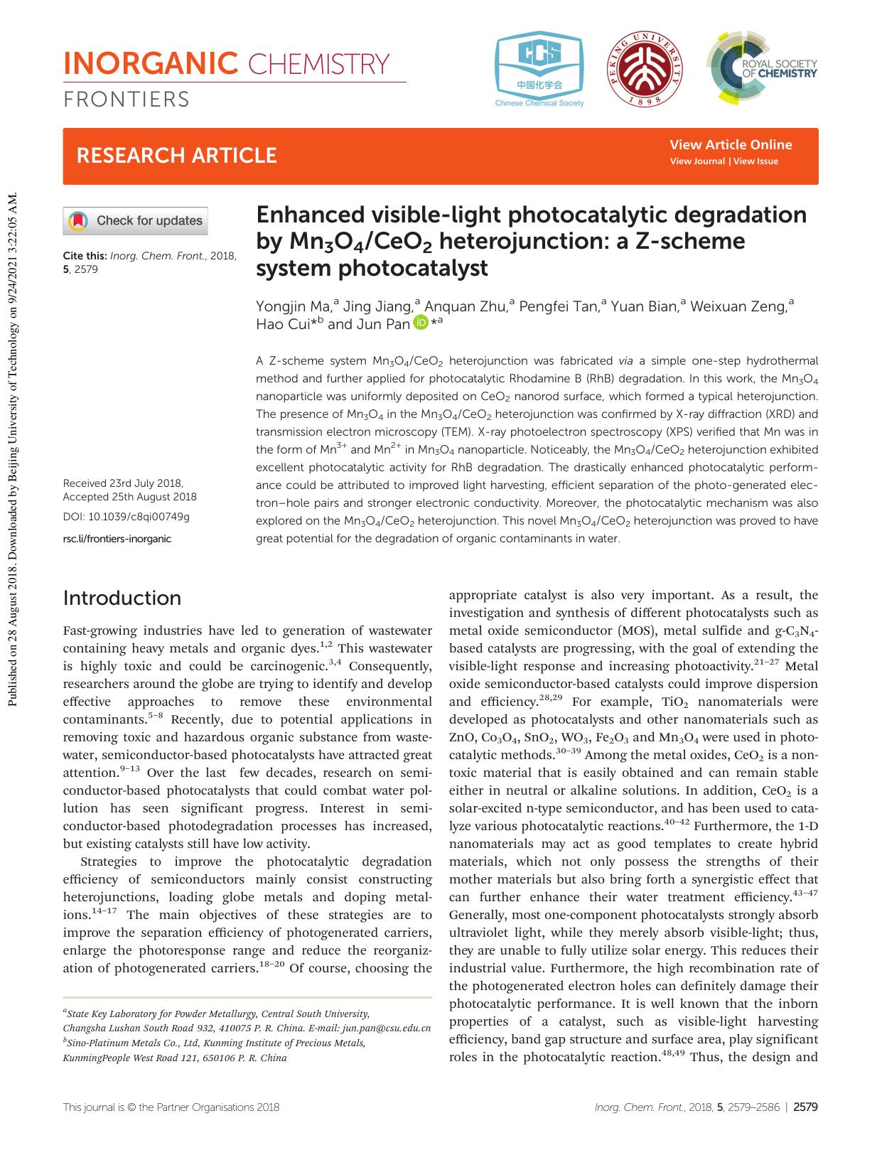 Enhanced visible-light photocatalytic degradation by Mn3O4CeO2 heterojunction: a Z-scheme system photocatalyst by Yongjin Ma Jing Jiang Anquan Zhu Pengfei Tan Yuan Bian Weixuan Zeng Hao Cui Jun Pan