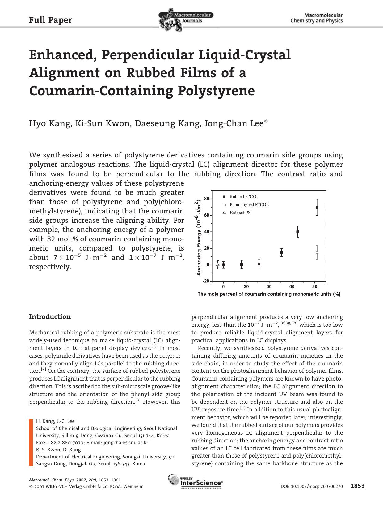Enhanced, Perpendicular Liquid-Crystal Alignment on Rubbed Films of a Coumarin-Containing Polystyrene by Unknown