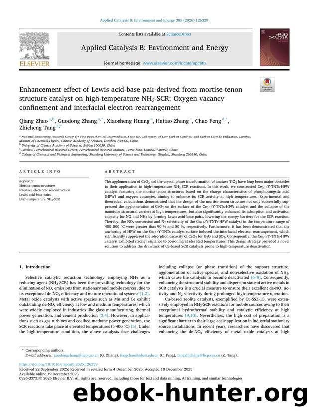 Enhancement effect of Lewis acid-base pair derived from mortise-tenon structure catalyst on high-temperature NH3-SCR: Oxygen vacancy confinement and interfacial electron rearrangement by Qiang Zhao & Guodong Zhang & Xiaosheng Huang & Haitao Zhang & Chao Feng & Zhicheng Tang