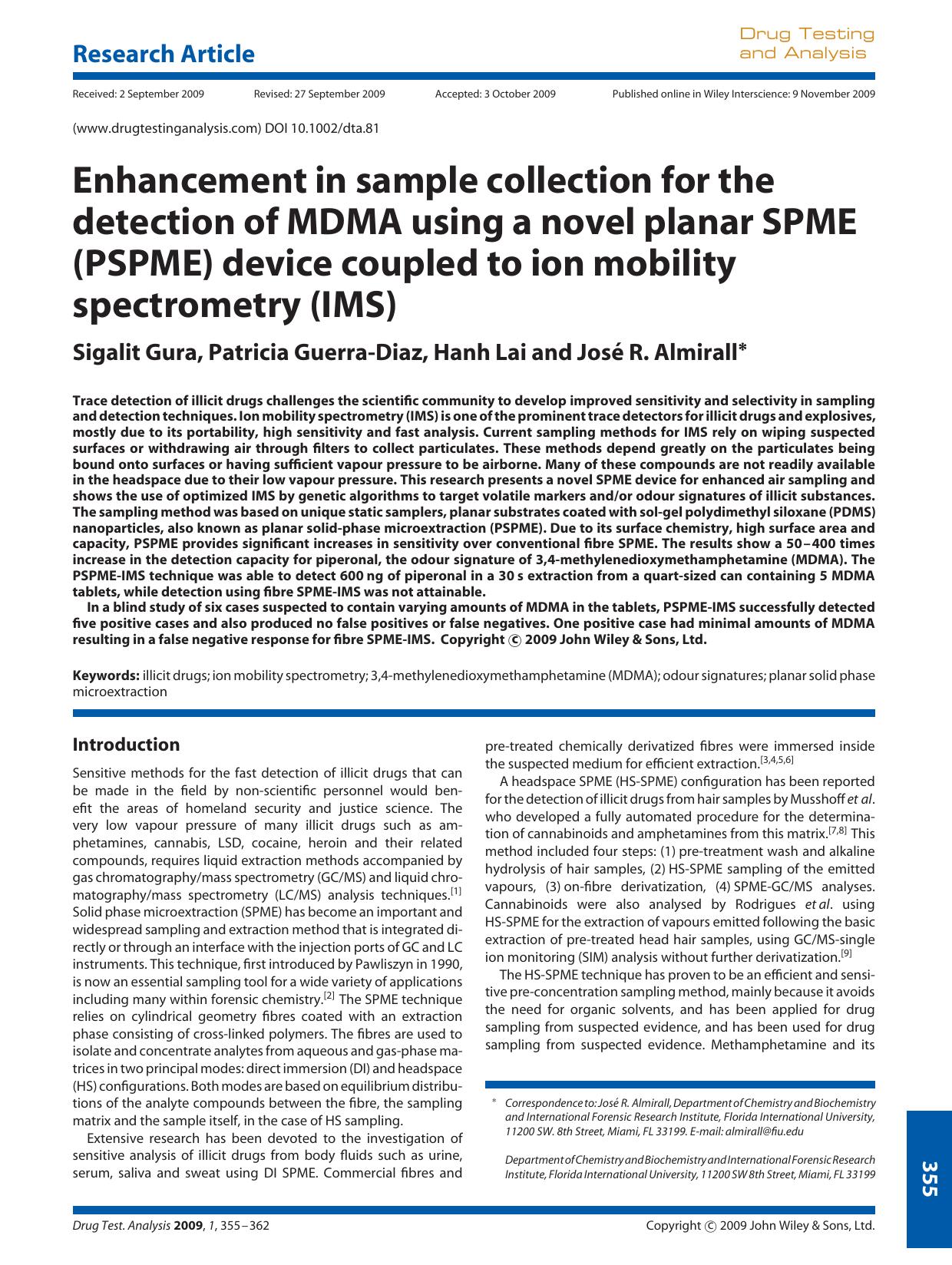 Enhancement in sample collection for the detection of MDMA using a novel planar SPME (PSPME) device coupled to ion mobility spectrometry (IMS) by Unknown