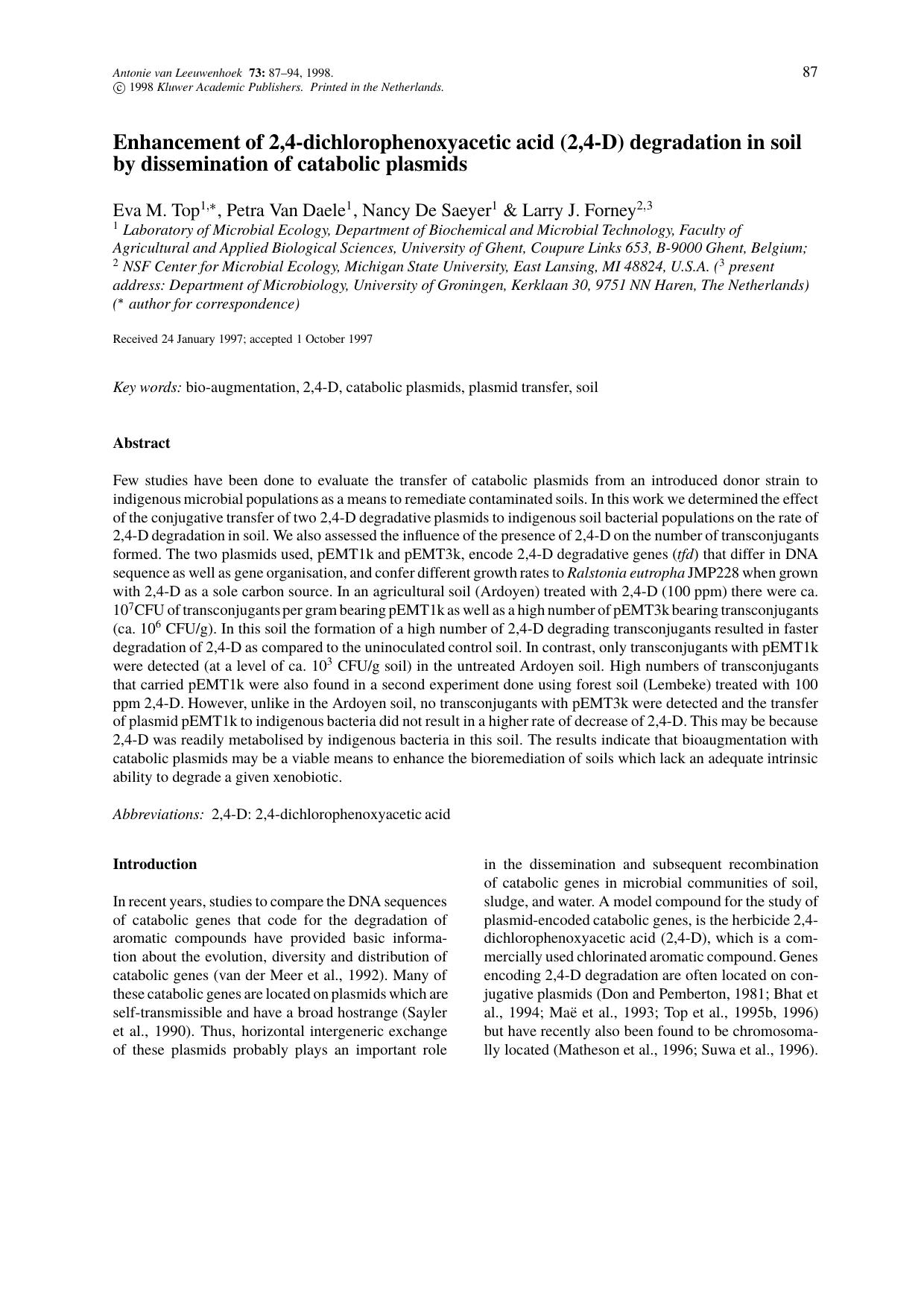 Enhancement of 2,4-dichlorophenoxyacetic acid (2,4-D) degradation in soil by dissemination of catabolic plasmids by Unknown