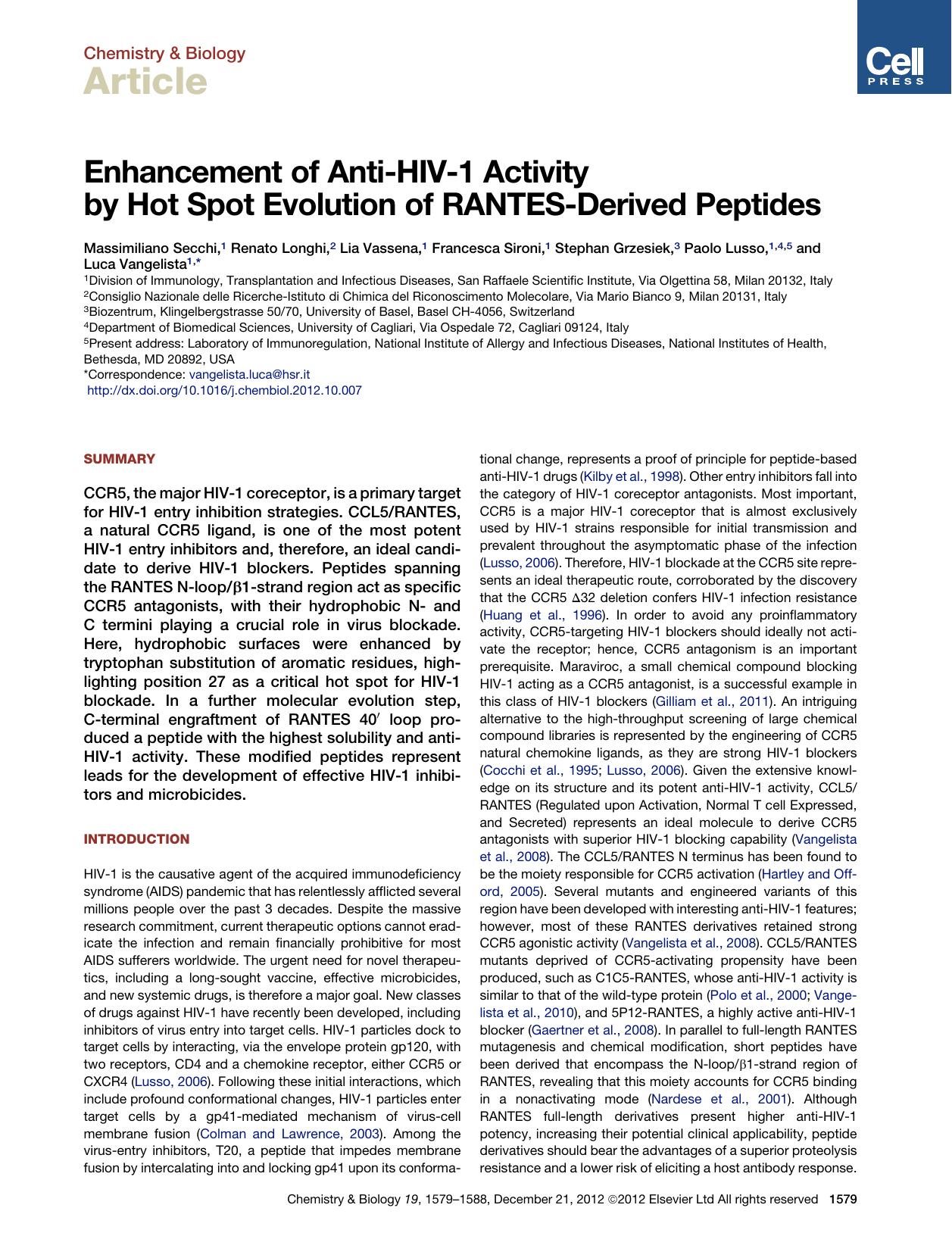 Enhancement of Anti-HIV-1 Activity by Hot Spot Evolution of RANTES-Derived Peptides by unknow