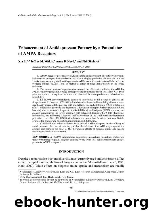 Enhancement of Antidepressant Potency by a Potentiator of AMPA Receptors by Unknown