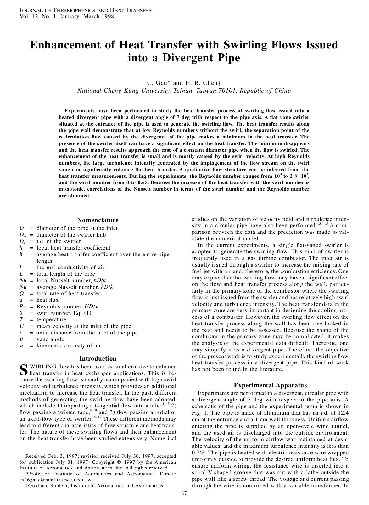 Enhancement of Heat Transfer with Swirling Flows Issued into a Divergent Pipe by Unknown