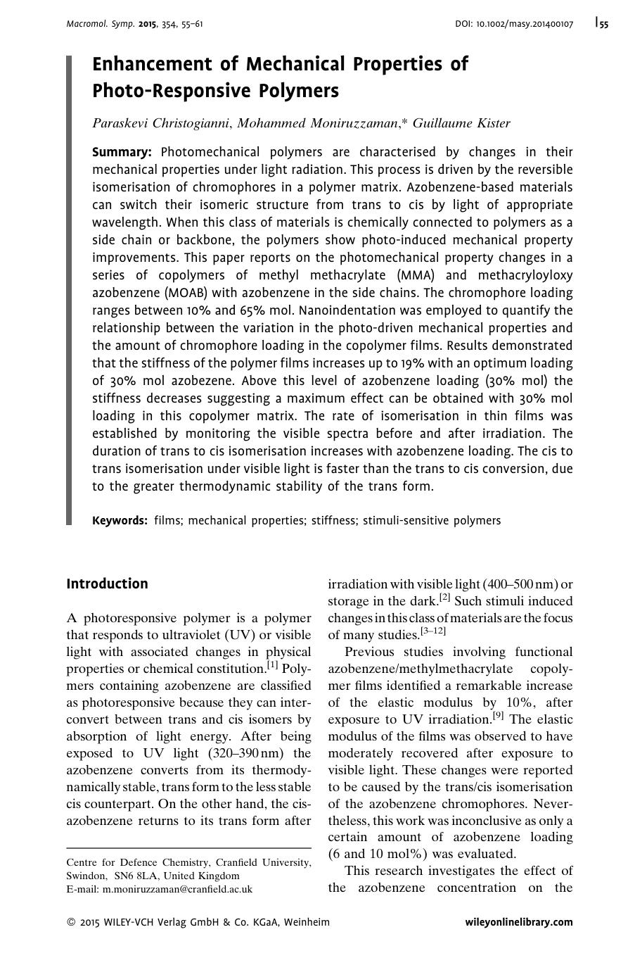 Enhancement of Mechanical Properties of Photo-Responsive Polymers by Unknown