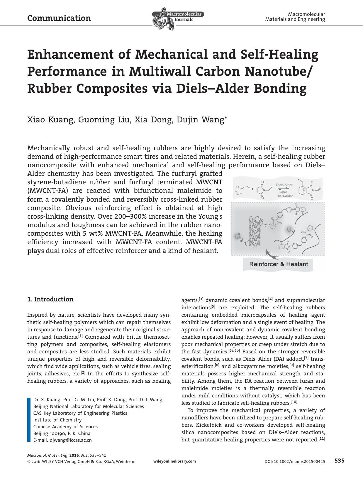 Enhancement of Mechanical and Self‐Healing Performance in Multiwall Carbon NanotubeRubber Composites via Diels–Alder Bonding by Unknown