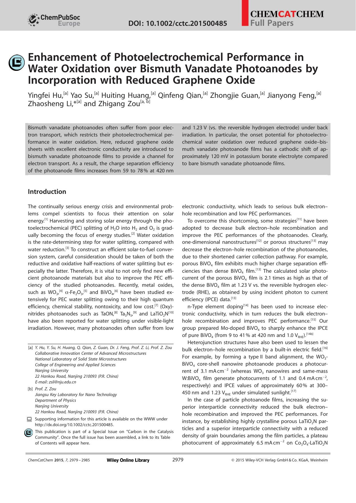 Enhancement of Photoelectrochemical Performance in Water Oxidation over Bismuth Vanadate Photoanodes by Incorporation with Reduced Graphene Oxide by Unknown