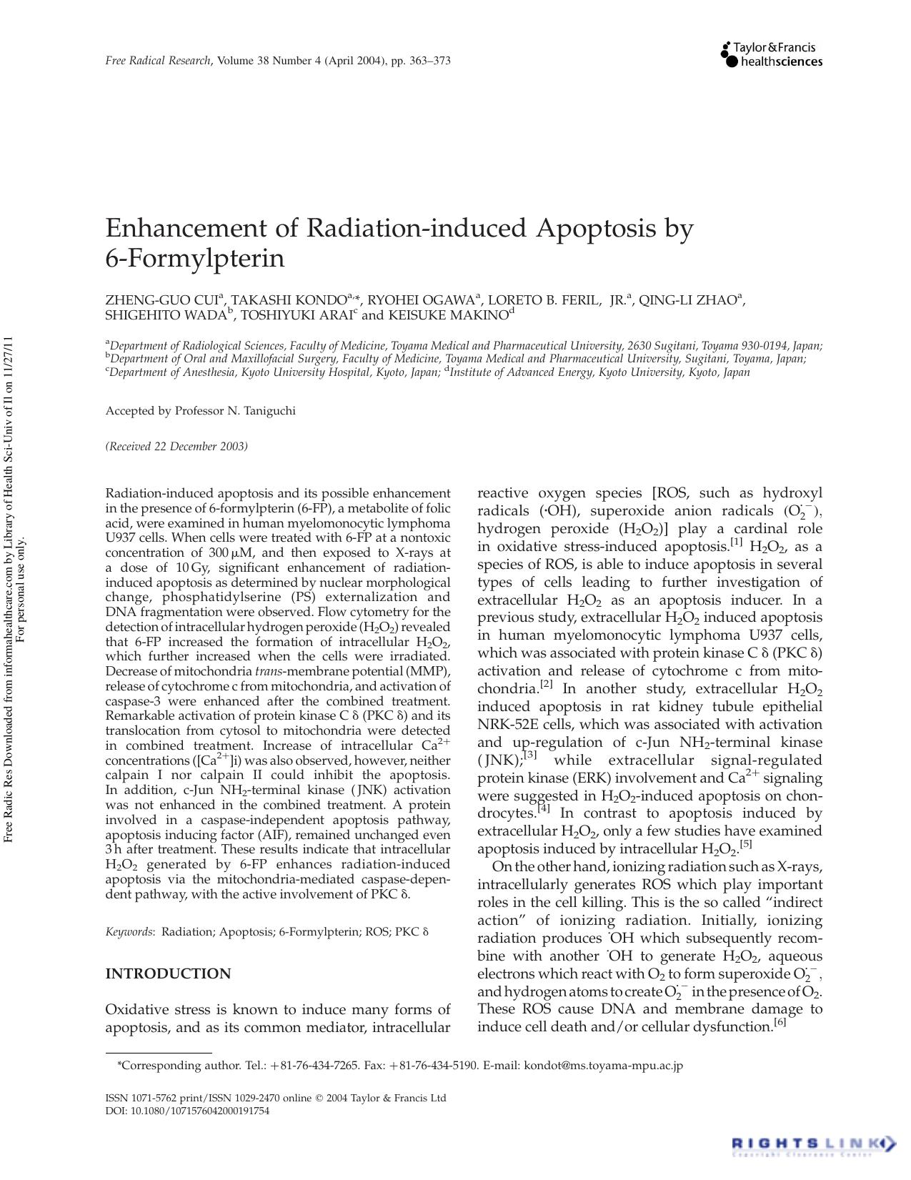 Enhancement of Radiation-induced Apoptosis by 6-Formylpterin by unknow