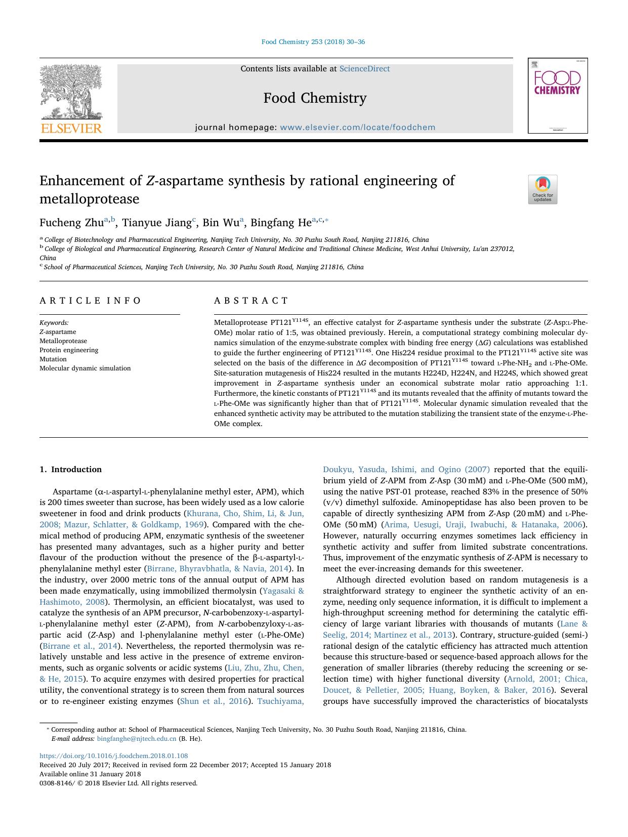 Enhancement of Z-aspartame synthesis by rational engineering of metalloprotease by Fucheng Zhu & Tianyue Jiang & Bin Wu & Bingfang He