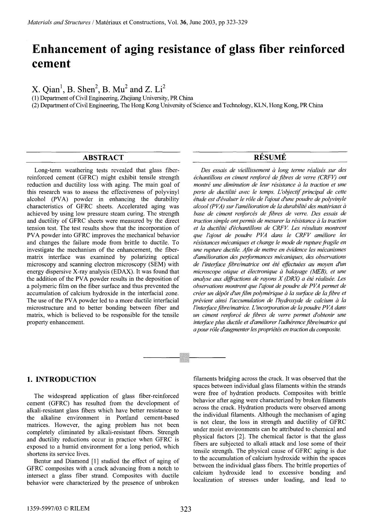 Enhancement of aging resistance of glass fiber reinforced cement by Unknown