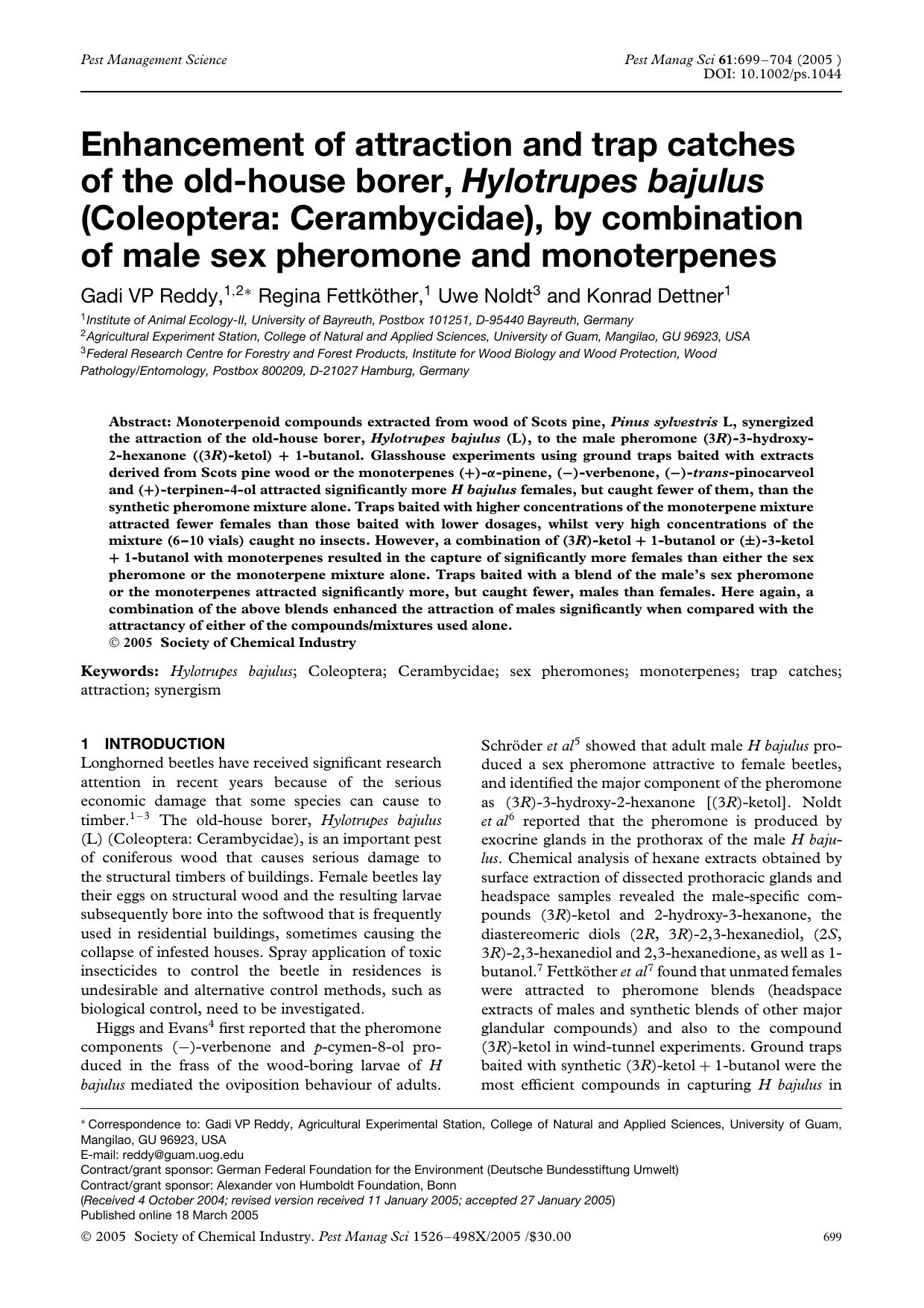 Enhancement of attraction and trap catches of the old-house borer, Hylotrupes bajulus (Coleoptera: Cerambycidae), by combination of male sex pheromone and monoterpenes by Unknown