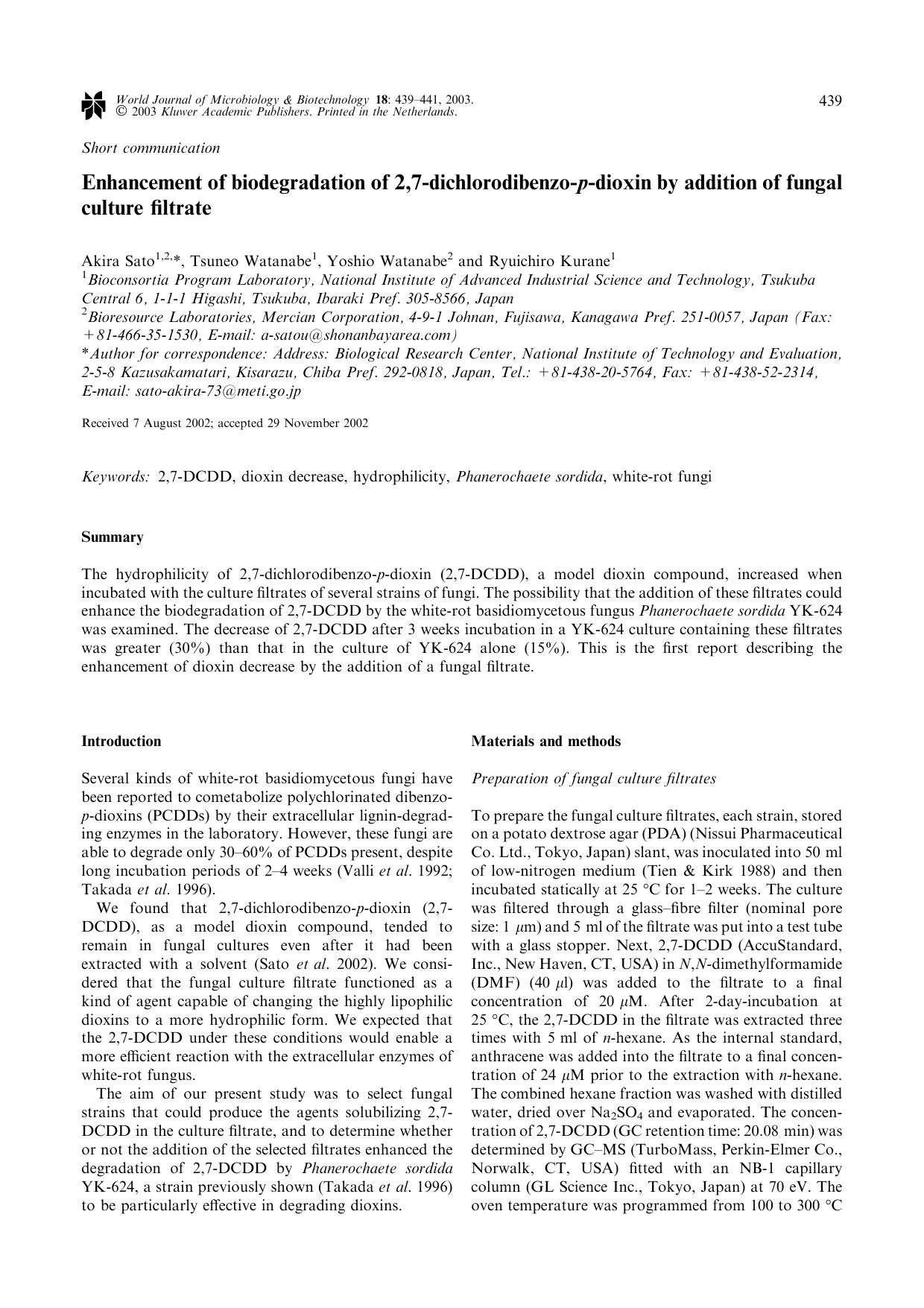 Enhancement of biodegradation of 2,7-dichlorodibenzo-<Emphasis Type="Italic">p<Emphasis>-dioxin by addition of fungal culture filtrate by Unknown