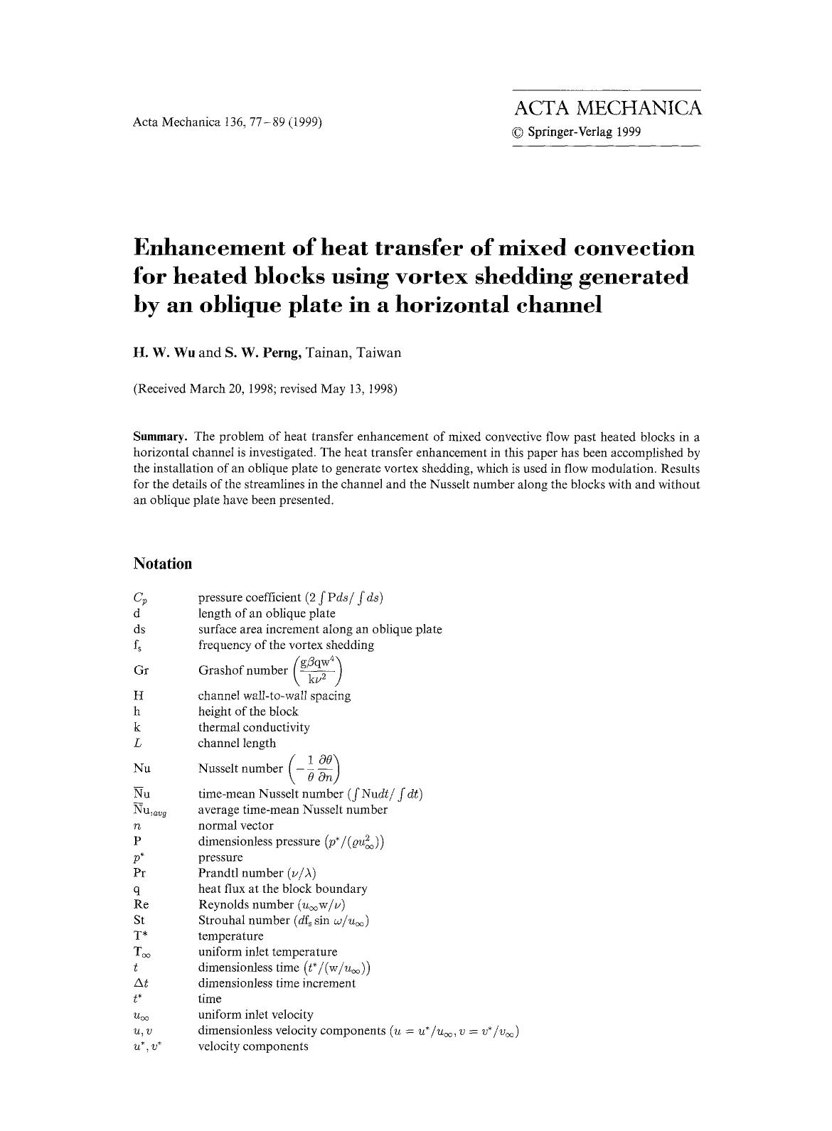 Enhancement of heat transfer of mixed convection for heated blocks using vortex shedding generated by an oblique plate in a horizontal channel by Unknown