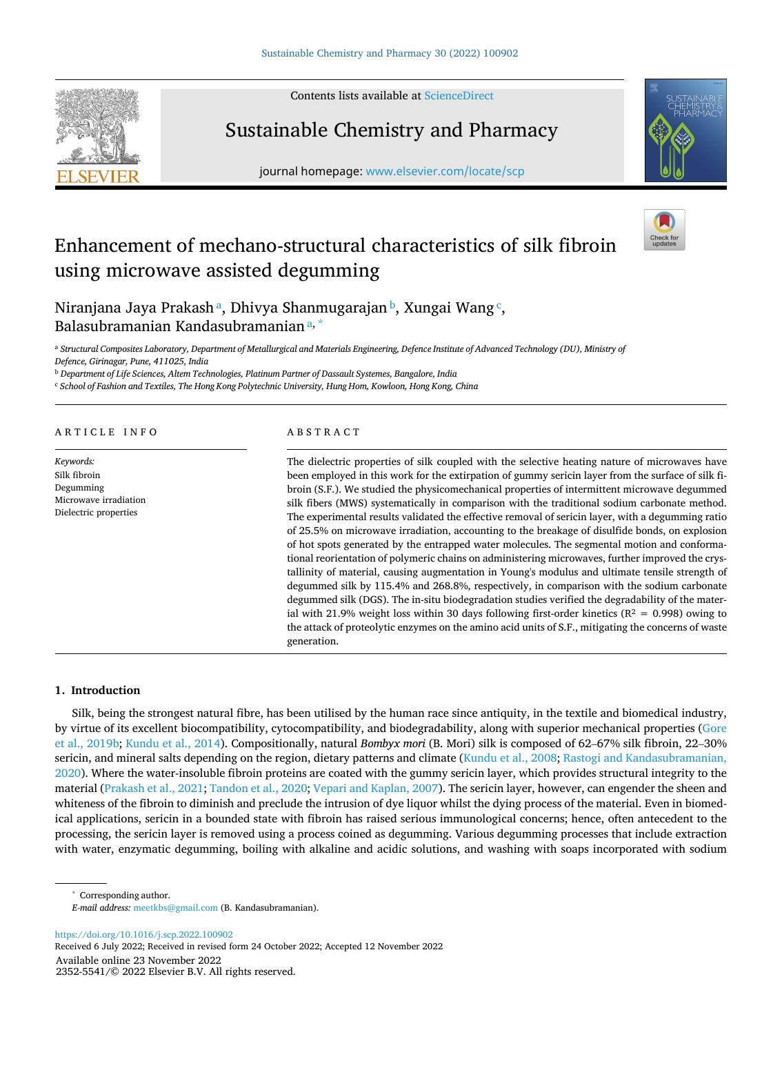 Enhancement of mechano-structural characteristics of silk fibroin using microwave assisted degumming by Niranjana Jaya Prakash & Dhivya Shanmugarajan & Xungai Wang & Balasubramanian Kandasubramanian