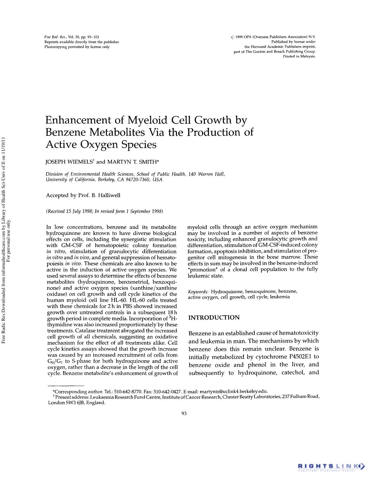 Enhancement of myeloid cell growth by benzene metabolites via the production of active oxygen species by Joseph Wiemels & Martyn T. Smith