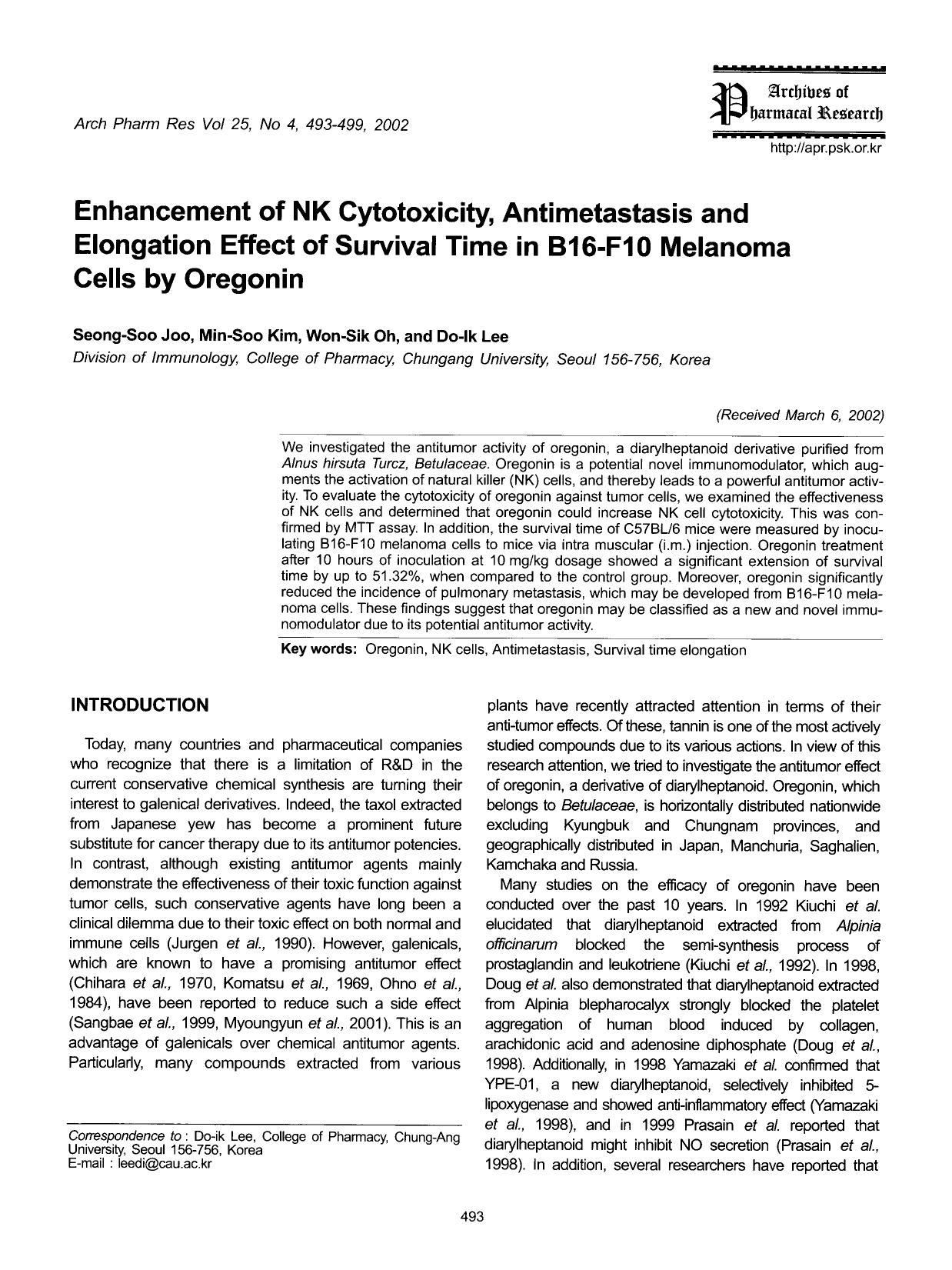 Enhancement of nk cytotoxicity, antimetastasis and elongation effect of survival time in b16-f10 melanoma cells by oregonin by Unknown
