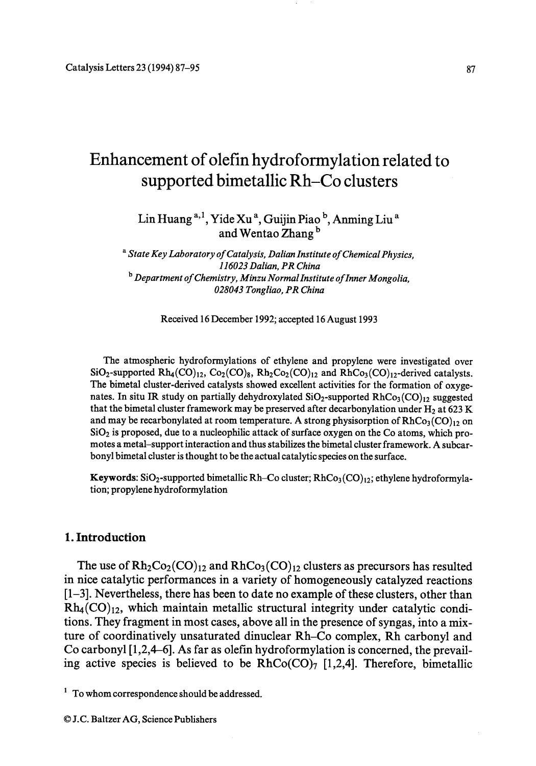 Enhancement of olefin hydroformylation related to supported bimetallic Rh-Co clusters by Unknown