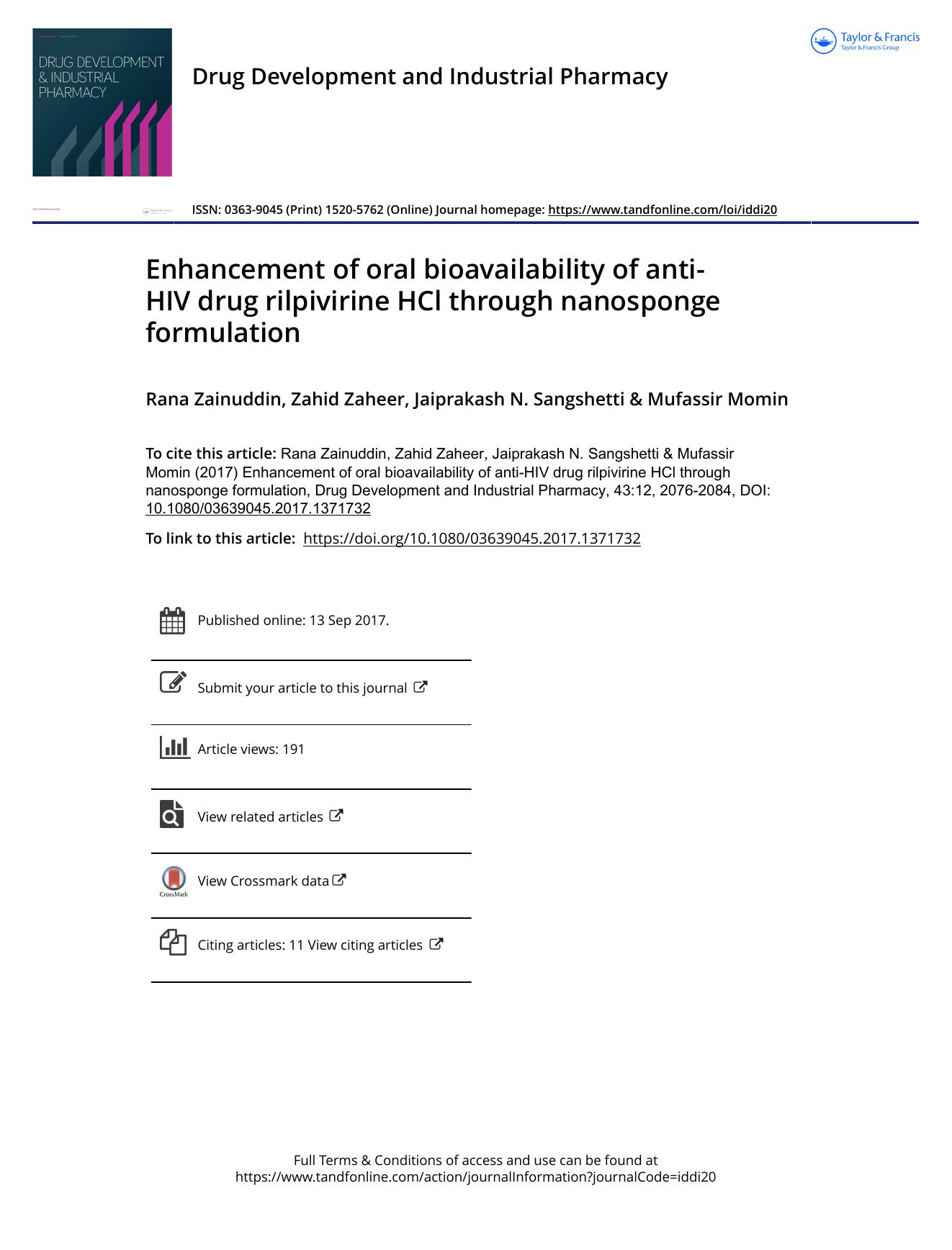 Enhancement of oral bioavailability of anti-HIV drug rilpivirine HCl through nanosponge formulation by Zainuddin Rana & Zaheer Zahid & Sangshetti Jaiprakash N. & Momin Mufassir