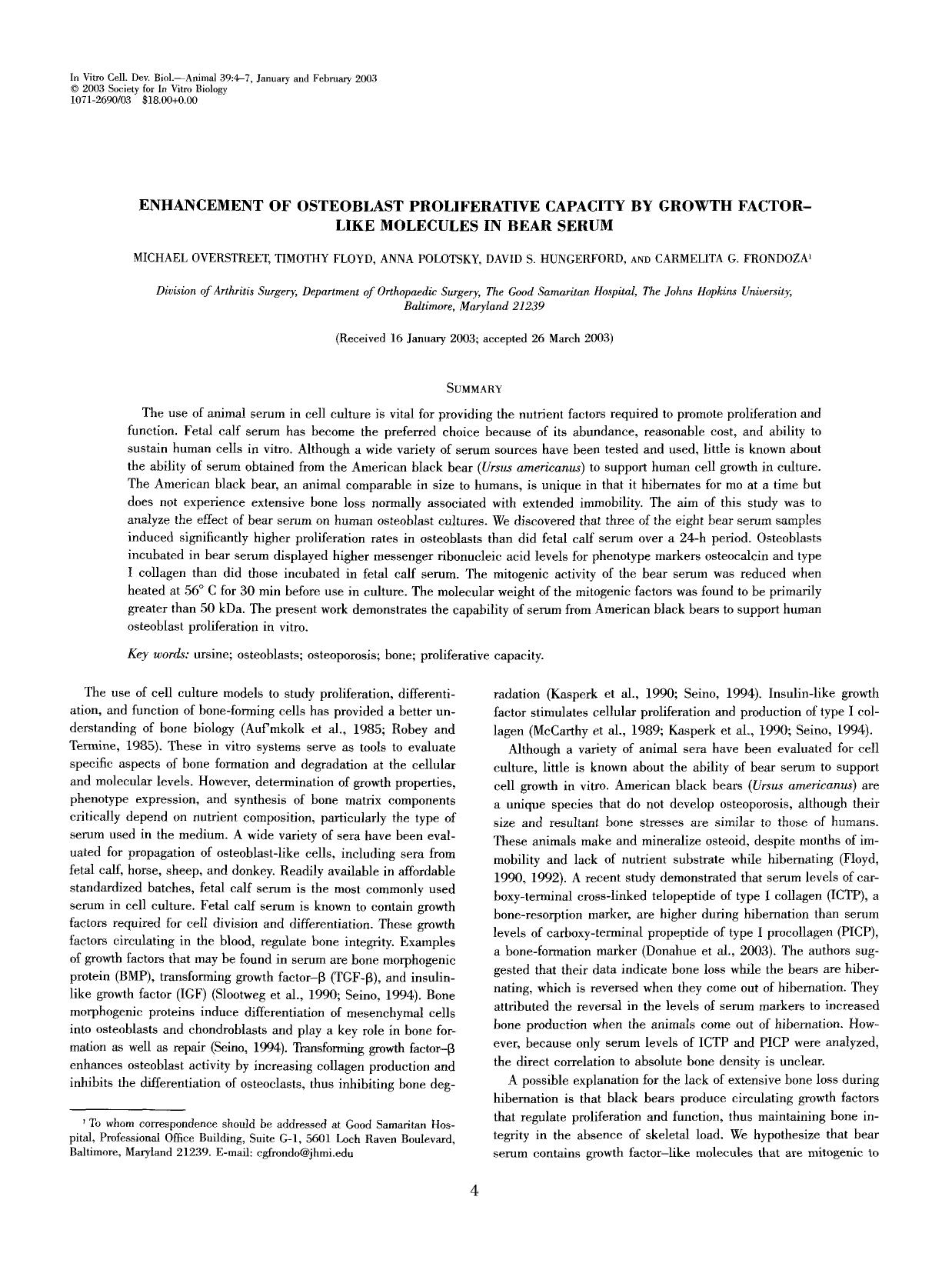 Enhancement of osteoblast proliferative capacity by growth factor-like molecules in bear serum by Unknown