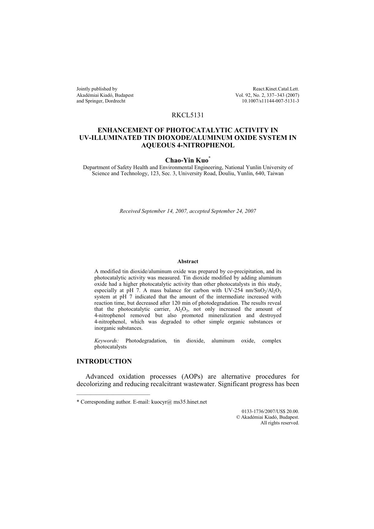 Enhancement of photocatalytic activity in UV-illuminated tin dioxodealuminum oxide system in aqueous 4-nitrophenol by Unknown