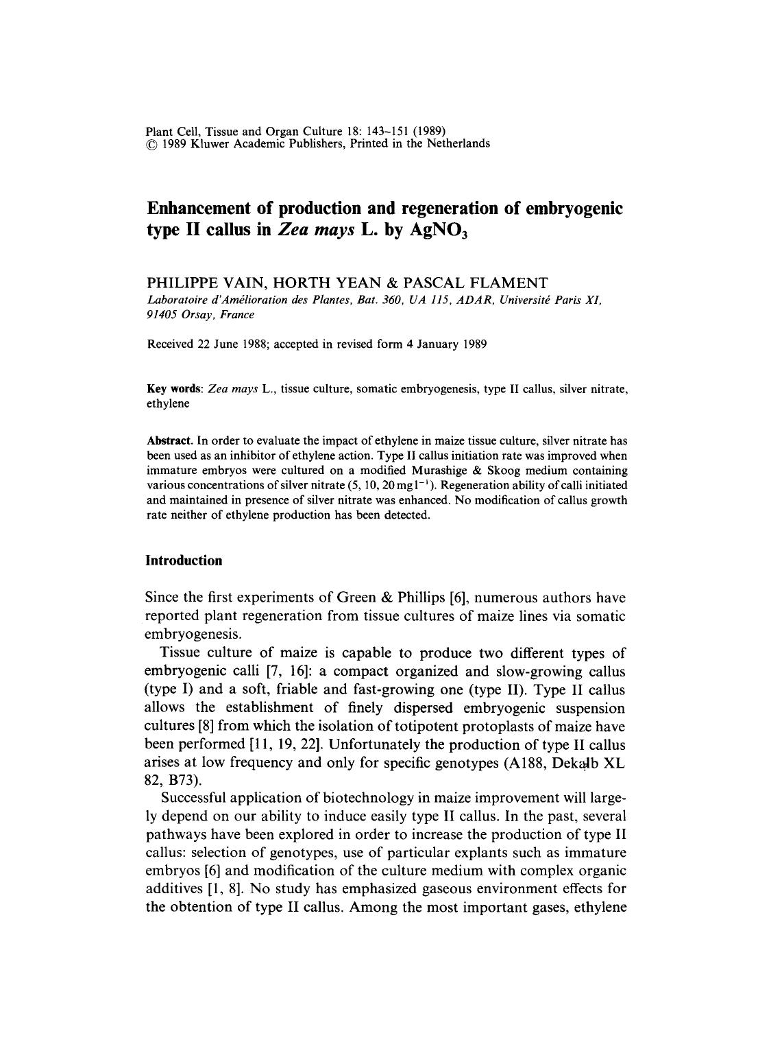 Enhancement of production and regeneration of embryogenic type II callus in <Emphasis Type="Italic">Zea mays <Emphasis> L. by AgNO <Subscript>3 <Subscript> by Unknown