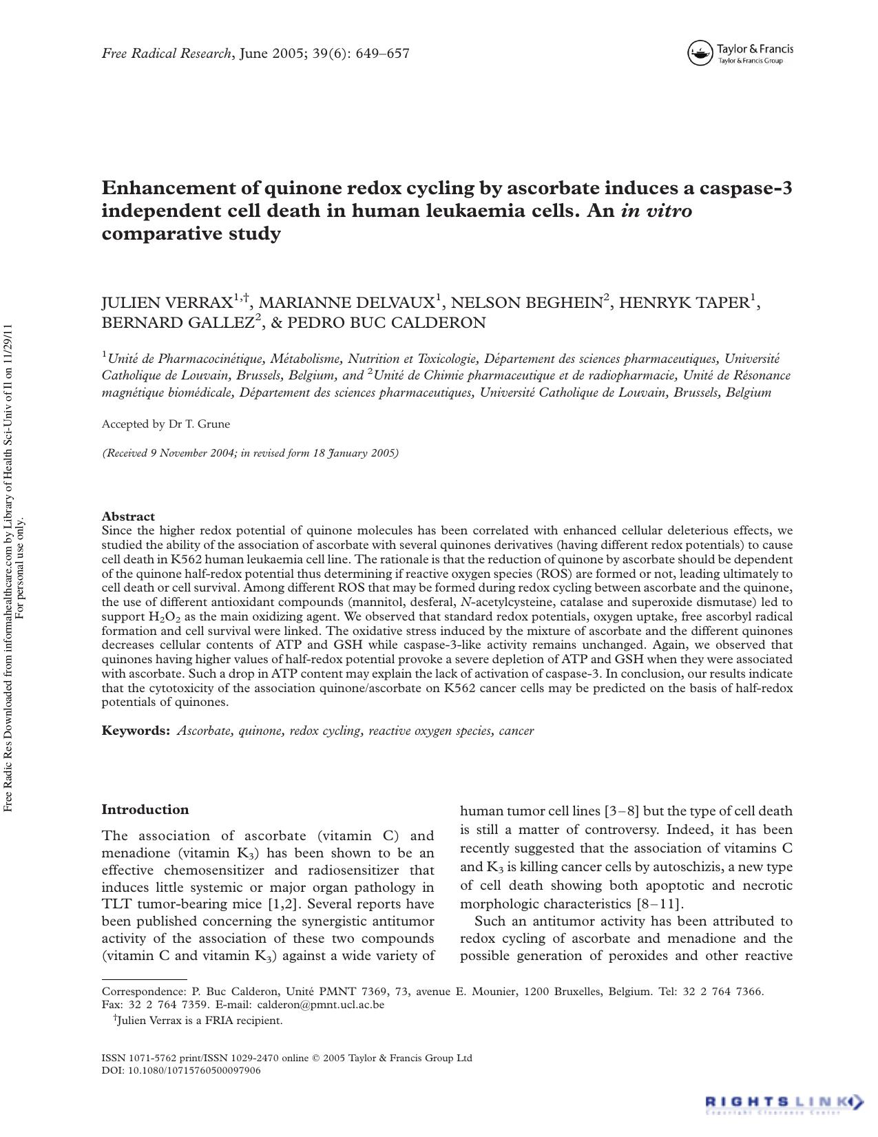 Enhancement of quinone redox cycling by ascorbate induces a caspase-3 independent cell death in human leukaemia cells. An in vitro comparative study by unknow