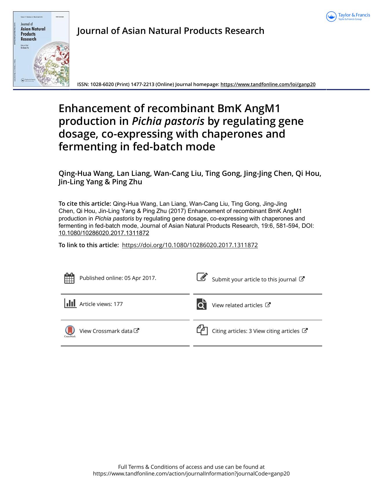 Enhancement of recombinant BmK AngM1 production in Pichia pastoris by regulating gene dosage, co-expressing with chaperones and fermenting in fed-batch mode by unknow