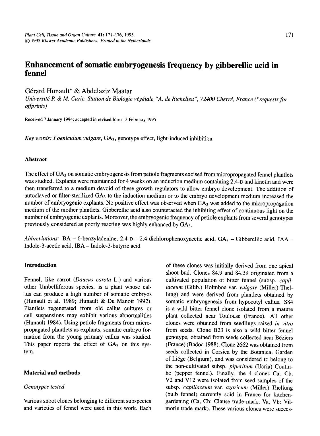 Enhancement of somatic embryogenesis frequency by gibberellic acid in fennel by Unknown