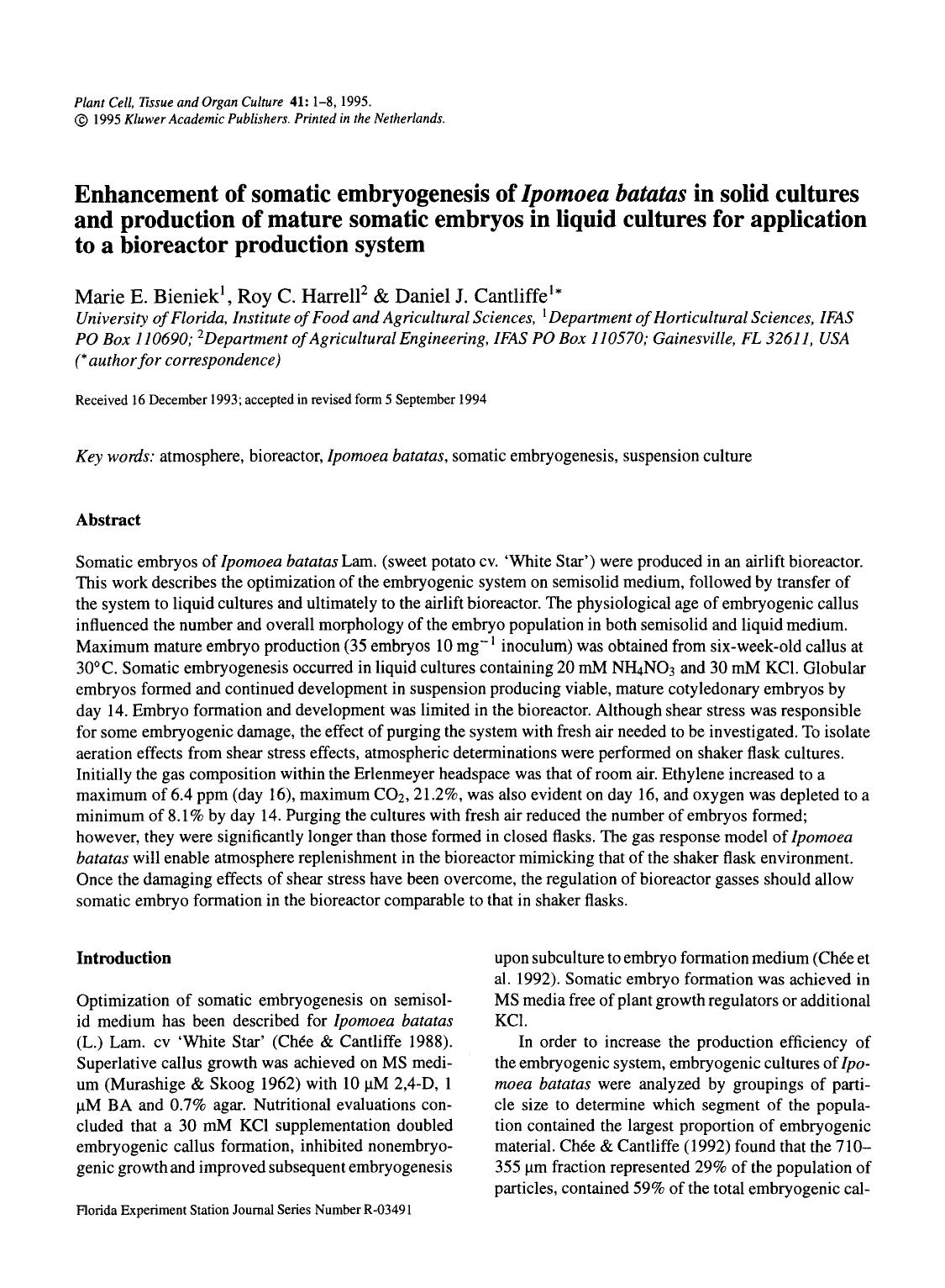 Enhancement of somatic embryogenesis of <Emphasis Type="Italic">Ipomoea batatas <Emphasis> in solid eultures and production of mature somatic embryos in liquid cultures for applic by Unknown