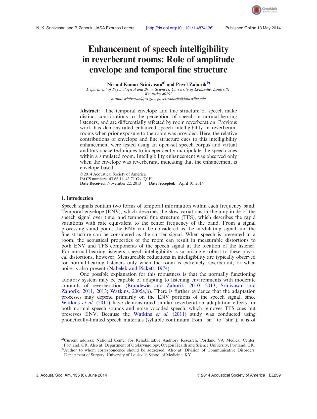 Enhancement of speech intelligibility in reverberant rooms: Role of amplitude envelope and temporal fine structure by Nirmal Kumar Srinivasan & Pavel Zahorik