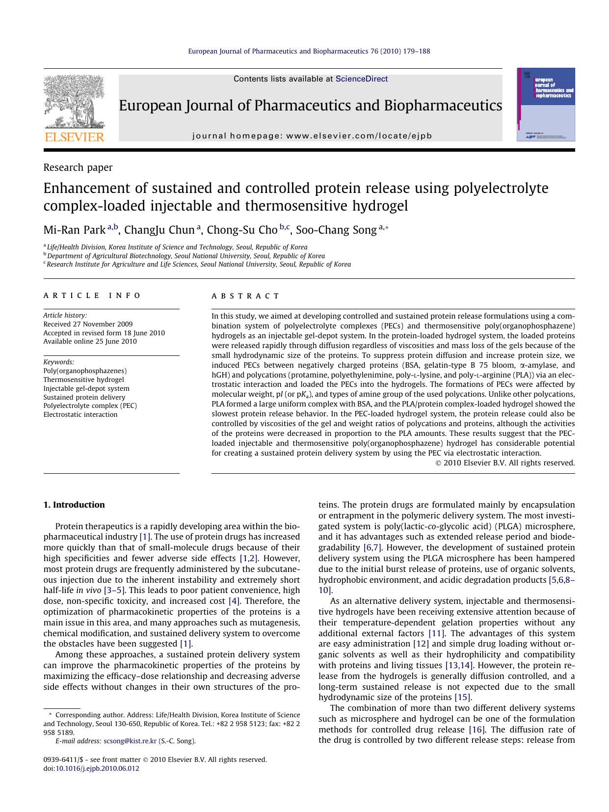 Enhancement of sustained and controlled protein release using polyelectrolyte complex-loaded injectable and thermosensitive hydrogel by Mi-Ran Park & ChangJu Chun & Chong-Su Cho & Soo-Chang Song