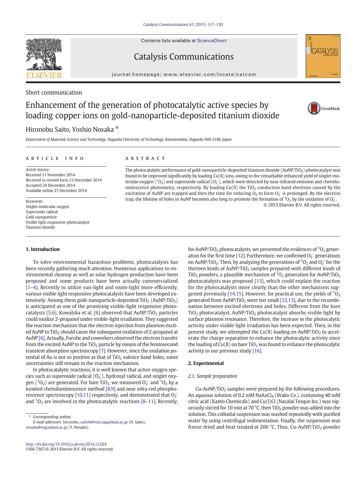 Enhancement of the generation of photocatalytic active species by loading copper ions on gold-nanoparticle-deposited titanium dioxide by Hironobu Saito & Yoshio Nosaka