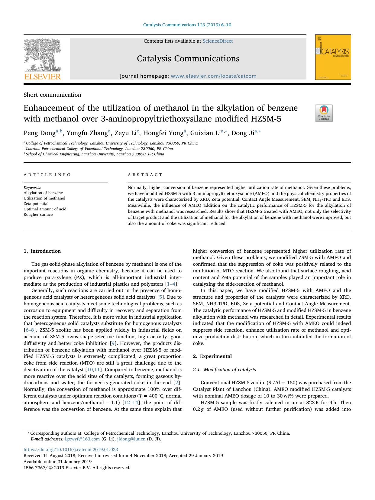 Enhancement of the utilization of methanol in the alkylation of benzene with methanol over 3-aminopropyltriethoxysilane modified HZSM-5 by Peng Dong & Yongfu Zhang & Zeyu Li & Hongfei Yong & Guixian Li & Dong Ji