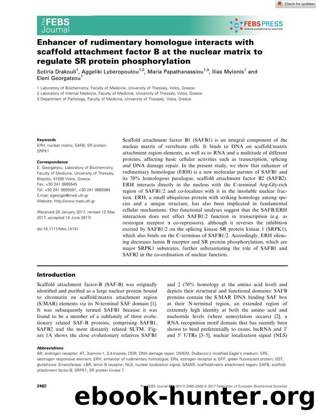 Enhancer of rudimentary homologue interacts with scaffold attachment factor B at the nuclear matrix to regulate SR protein phosphorylation by Unknown