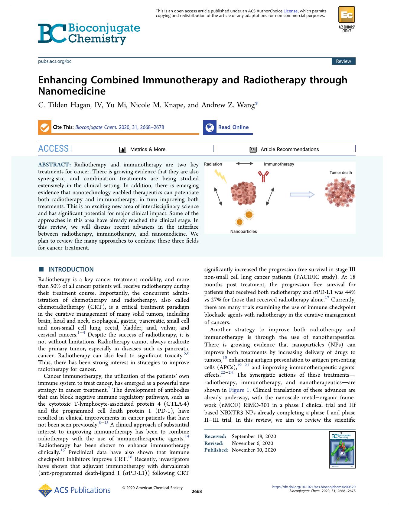 Enhancing Combined Immunotherapy and Radiotherapy through Nanomedicine by C. Tilden Hagan IV; Yu Mi; Nicole M. Knape; Andrew Z. Wang