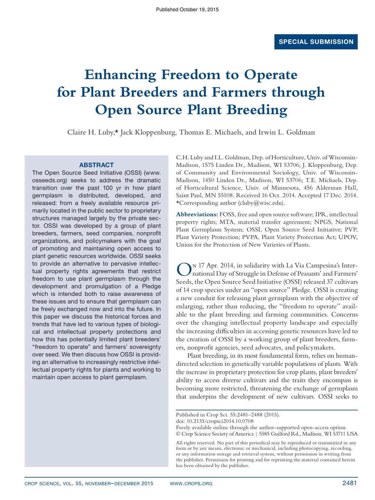Enhancing Freedom to Operate for Plant Breeders and Farmers through Open Source Plant Breeding by Unknown
