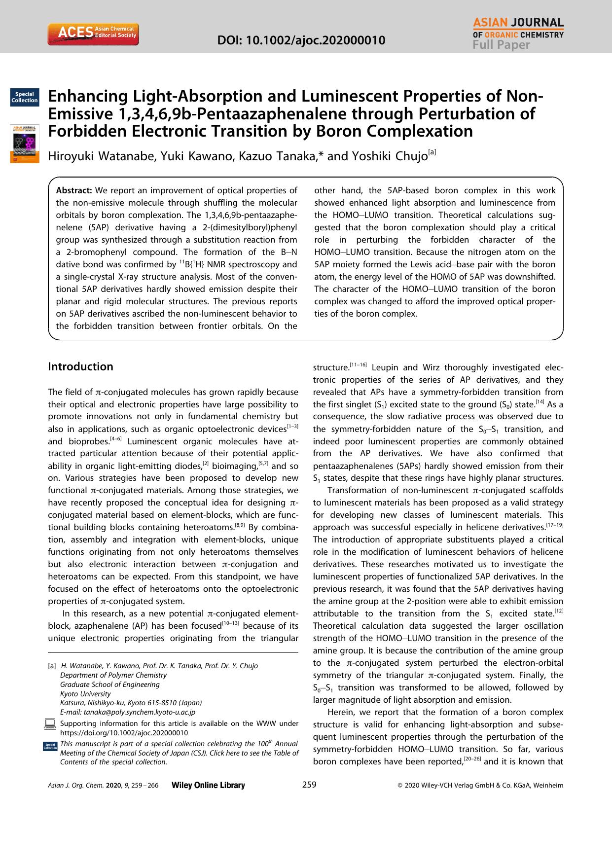 Enhancing LightâAbsorption and Luminescent Properties of NonâEmissive 1,3,4,6,9bâPentaazaphenalene through Perturbation of Forbidden Electronic Transition by Boron Complexation by Unknown
