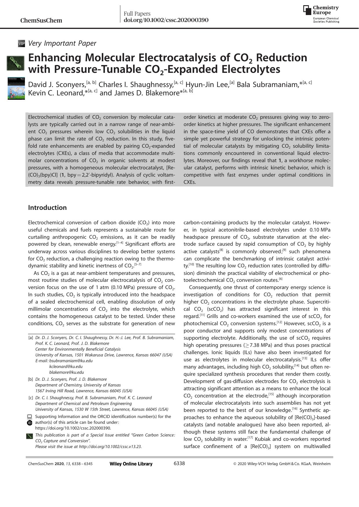 Enhancing Molecular Electrocatalysis of CO2 Reduction with PressureâTunable CO2âExpanded Electrolytes by Unknown