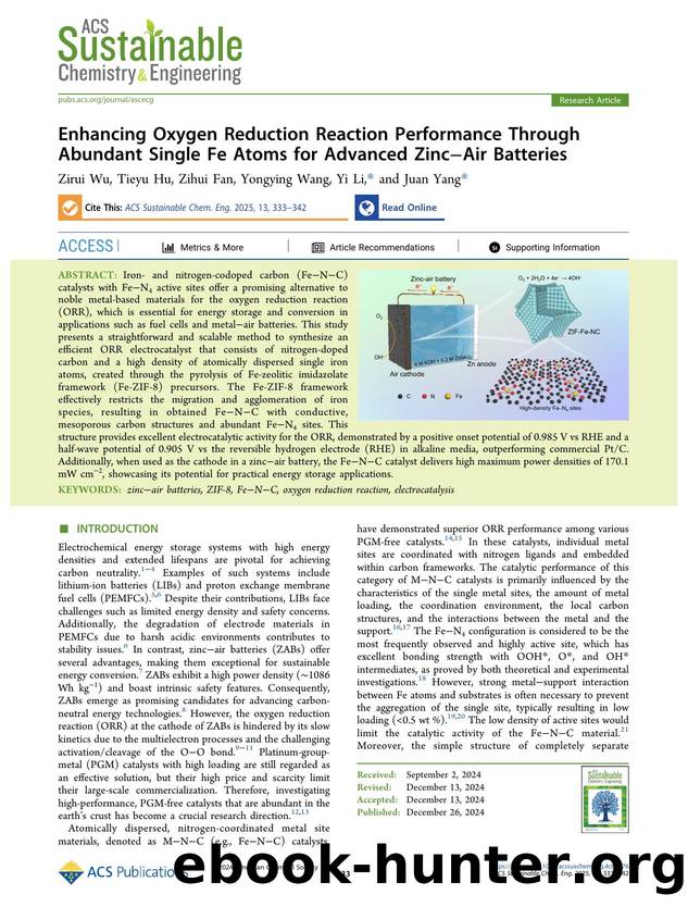 Enhancing Oxygen Reduction Reaction Performance Through Abundant Single Fe Atoms for Advanced ZincâAir Batteries by Zirui Wu Tieyu Hu Zihui Fan Yongying Wang Yi Li and Juan Yang